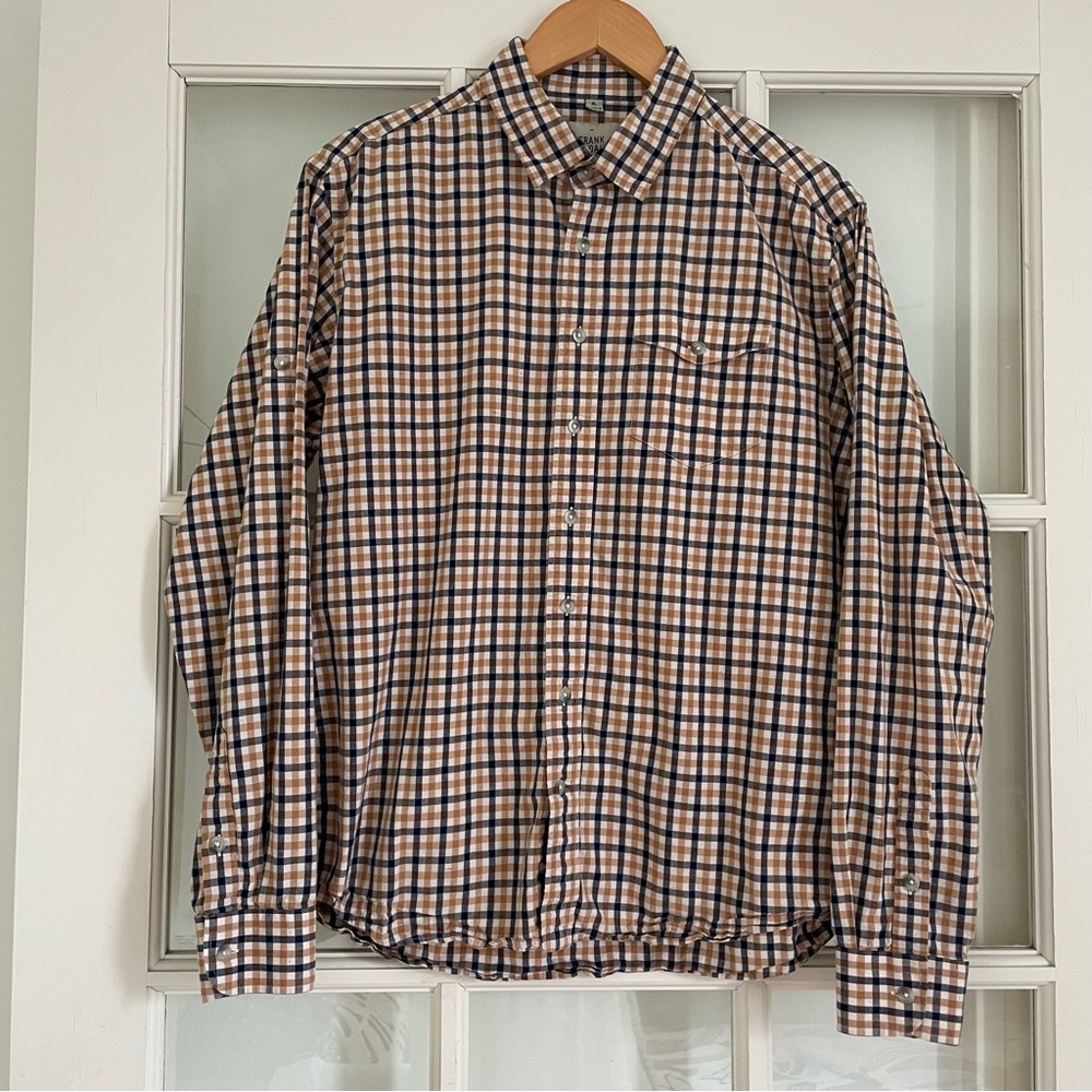 Frank & Oak tan navy blue check gingham collared button up shirt men's XL